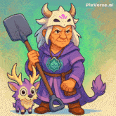 a cartoon of a woman holding a shovel standing next to a small deer