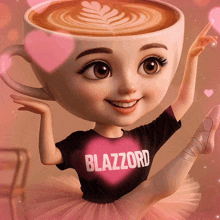 a girl wearing a shirt that says blazzard is holding a cup of coffee