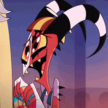 a close up of a cartoon character with horns and teeth