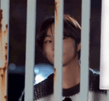 a woman is peeking out from behind a fence .