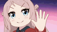 a cartoon girl waving her hand with a pink background