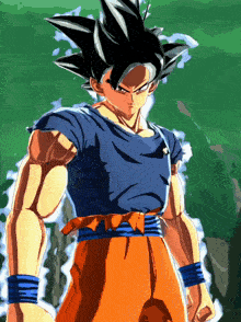 a cartoon drawing of a man with a blue shirt and orange pants