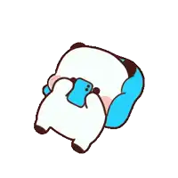 a cartoon panda is laying down and holding a cell phone in its mouth .