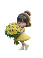 a girl in a yellow dress holding a bouquet of yellow roses