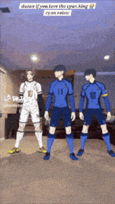 three soccer players in blue and white uniforms are standing in a living room .