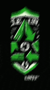 a green and white logo on a black background with a shield .