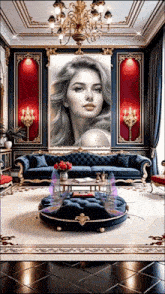 a living room with a painting of a woman on the wall above the couch
