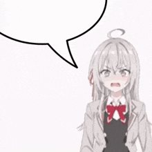 a girl with a speech bubble coming out of her mouth is standing in front of a white background .