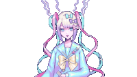 a pixel art drawing of a girl with a bow on her shirt