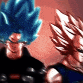 a blurry picture of two anime characters , one with blue hair and one with white hair .