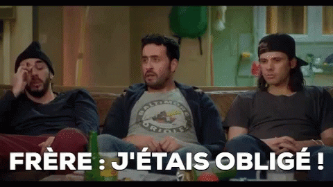 three men are sitting on a couch with the words frere j'étais oblige