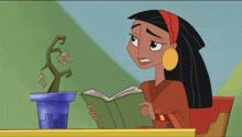 a cartoon girl is reading a book next to a potted plant