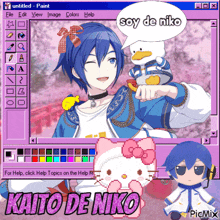a computer screen shows a girl holding a duck and a hello kitty and says " soy de niko "
