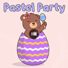 a cartoon of a teddy bear in an easter egg with the words pastel party written above it