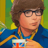 a man wearing glasses is holding a cup with the british flag on it