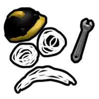 a cartoon drawing of a helmet , a wrench , a pair of gloves and a bandana .