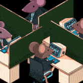 a cartoon of a mouse sitting at a desk with a computer screen that says shibax