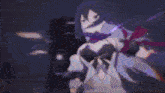 a person is holding a sword in a video game and a purple light is coming out of the sword .