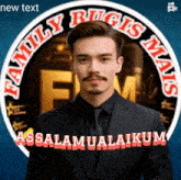a man with a mustache is standing in front of a logo that says family bigis maxis