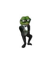 a green frog in a tuxedo and bow tie is dancing