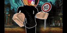 a cartoon character holding a sign that says 80 on it