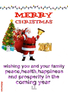 a merry christmas greeting card with santa and the year 2021