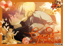 a picture of a man kissing another man with the words good morning on it