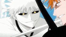 two anime characters are standing next to each other and one of them has a sword in his hand