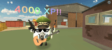 a cartoon character is holding a guitar and a gun and has 4000 xp