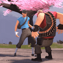 a man in a blue shirt is standing next to a man with a bullet belt on his back