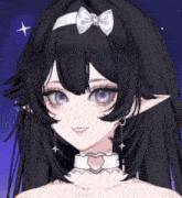 the girl is wearing a choker with a heart on it and a bow in her hair .
