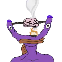 a cartoon drawing of a purple duck with a brain sticking out of his mouth