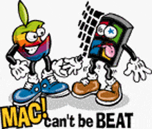 a cartoon of an apple and a cell phone with the words mac can 't be beat on the bottom