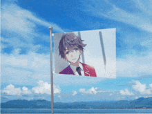 a flag with a picture of a boy in a suit and tie