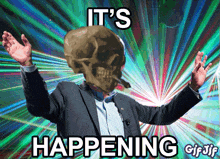 a man in a suit with a skull on his head and the words it 's happening behind him