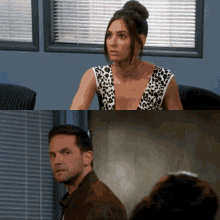 a woman in a leopard print top sits next to a man