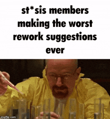 a man in a yellow jacket is making the worst rework suggestions ever while holding a pipette