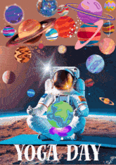 a poster for yoga day with an astronaut sitting on a mat