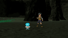 a boy in a yellow vest stands next to a blue and white duck