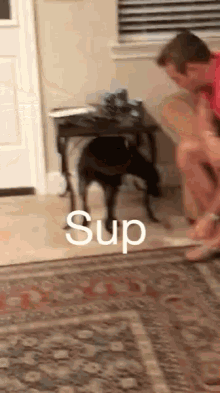 a man squatting next to a dog that says sup