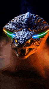 a close up of a snake with glowing eyes and yellow eyes
