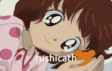 a cartoon of a girl holding a teddy bear with rushicath written on the bottom