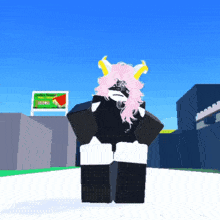 a cartoon character with horns and pink hair stands in front of a sign that says ' coca cola ' on it