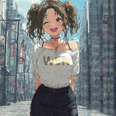 a girl with pigtails is wearing a shirt that says wen on it
