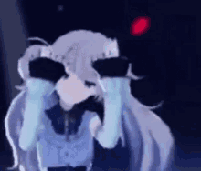 a cartoon girl with long white hair is covering her eyes with her hands .