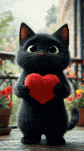 a black cat is holding a red heart