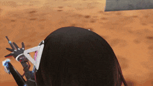 a video game character with a purple item in her back pocket