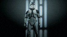 a storm trooper is standing in front of a wall of lightsabers