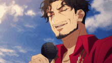 a man in a red shirt is singing into a microphone with a blue sky in the background