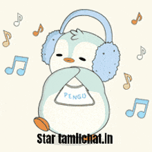 a penguin wearing ear muffs is surrounded by music notes